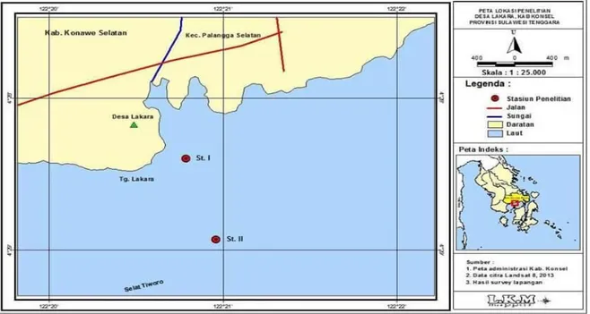Gambar 1. Peta lokasi pengambilan sampel rajungan di Perairan Lakara Kabupaten Konawe Selatan 