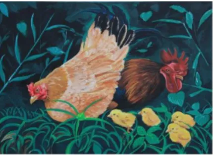 Gambar  lukisan  di  atas  dibuat  dengan  komposisi  asimetris.  Gambar  induk  ayam  dan  ayam  jantan  yang  terletak  pada  bidang  bagian  tengah  merupakan  point  of  interest pada lukisan