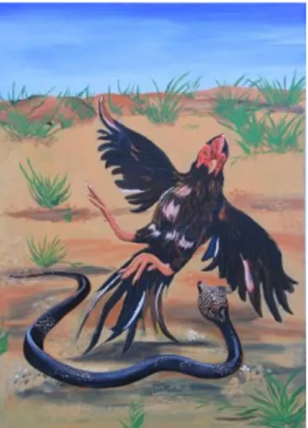 Gambar  lukisan  di  atas  dibuat  dengan  komposisi  asimetris  dengan  posisi  objek  ayam  yang sedikit menyerong ke kanan dan  objek  ular  yang  sebagian  tubuhnya  memenuhi  bidang  bagian  kiri  untuk  mendapatkan  suatu  keseimbangan  yang  menarik