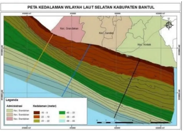 Gambar 2.5 Peta Batimetri Kedalaman Wilayah Laut Selatan  Kabupaten Bantul Yogyakarta