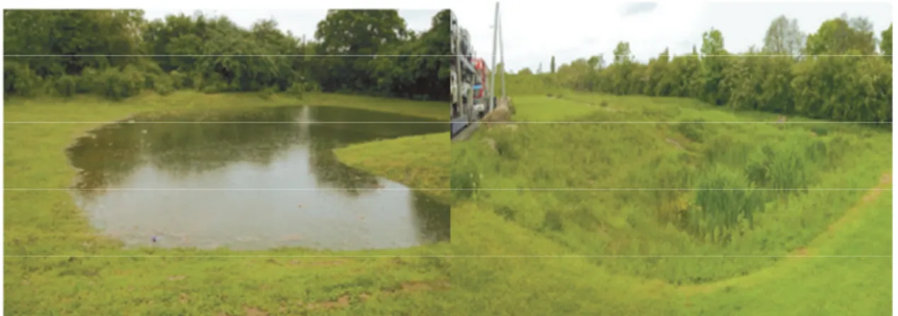 Gambar 2. Kolam infiltrasi setelah terjadi hujan (kiri), kolam pada umunya kering  (kanan) 