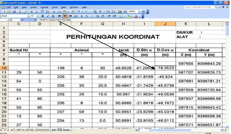 Gambar 3.6 Tampilan perhitungan ∆Y (D cos α)