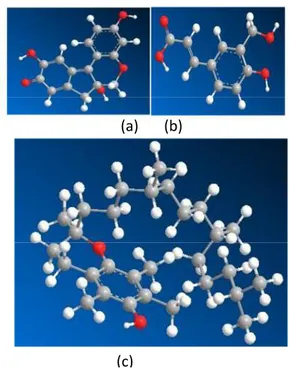 Gambar 3. Hasil optimasi struktur tiga dimensi senyawa (a)  Brazilein; (b) Phenol; (c) Vitamin E 