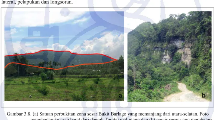 Gambar 3.8. (a) Satuan perbukitan zona sesar Bukit Barlago yang memanjang dari utara-selatan