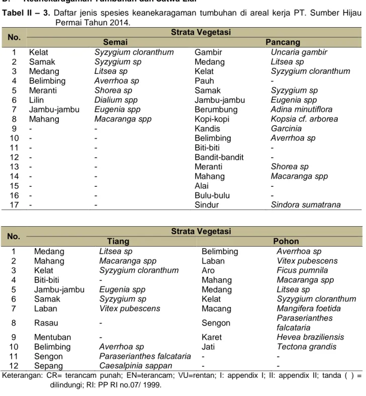 Tabel  II  –  3.  Daftar  jenis  spesies  keanekaragaman  tumbuhan  di  areal  kerja  PT