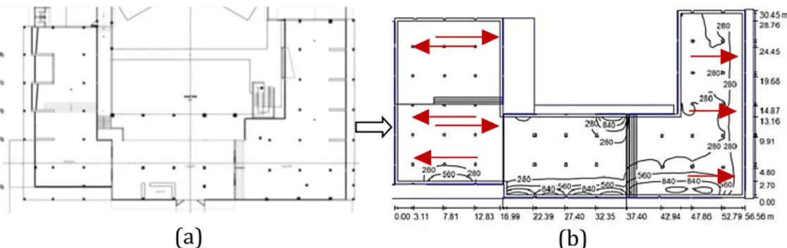Gambar 5. Denah Eksisting Ruang Pamer  (a) dan Hasil Simulasi DIALux  Pelebaran Ruang (b) 