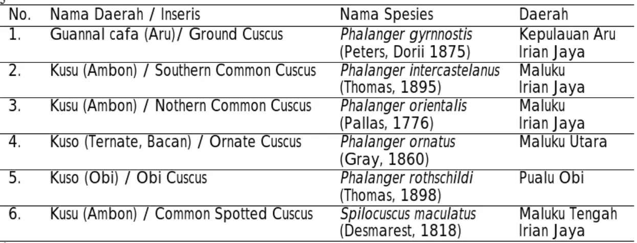 Tabel 5.  Kusu yang terdapat di Maluku Utara dan Maluku Tengah (endemik) (Flannery,  1995) 