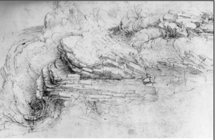 Gambar 1.1 Sketsa yang dibuat oleh Leonardo da Vinci, memperlihatkan secara  jelas detail lipatan perlapisan pegunungan di Italia (ca