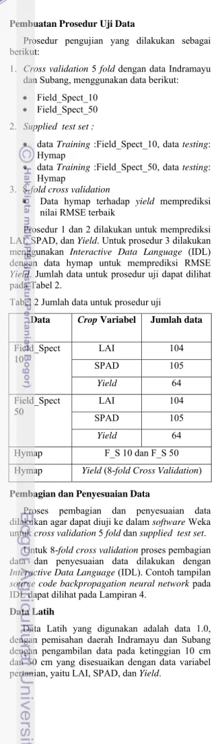 Tabel 2 Jumlah data untuk prosedur uji 