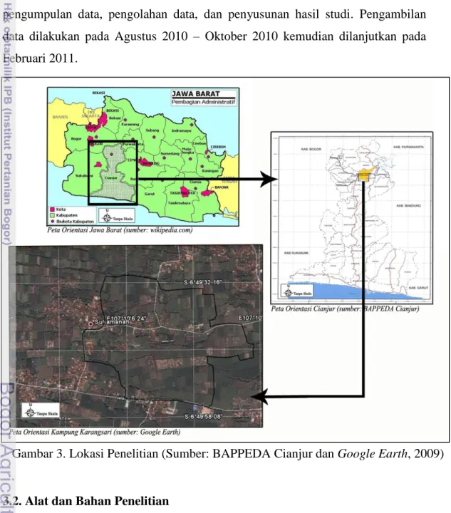 Gambar 3. Lokasi Penelitian (Sumber: BAPPEDA Cianjur dan Google Earth, 2009) 