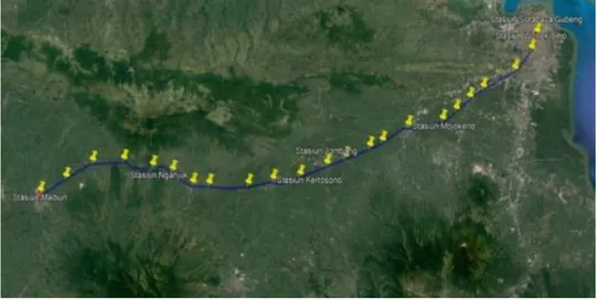 Gambar 1. Peta Lokasi Penelitian Jalur Kereta Api Segmen Surabaya – Madiun  Sumber: Google Earth, diakses 15 April 2019 