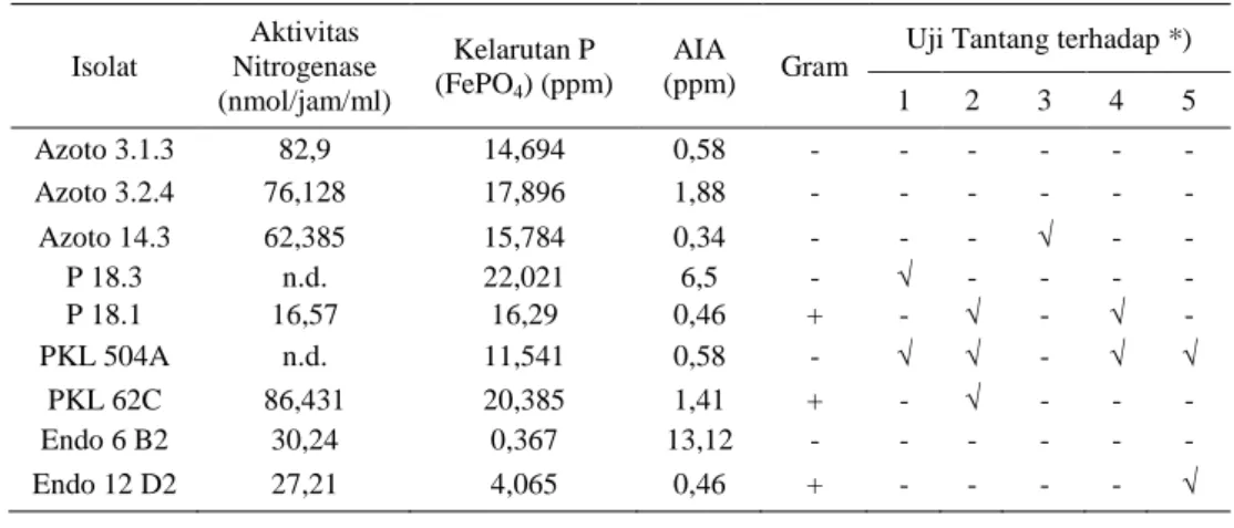 Tabel 2.  Isolat-isolat yang dipilih  sebagai komponen formulasi pupuk hayati  Isolat  Aktivitas  Nitrogenase  (nmol/jam/ml)  Kelarutan P (FePO4 ) (ppm)  AIA  (ppm)  Gram 