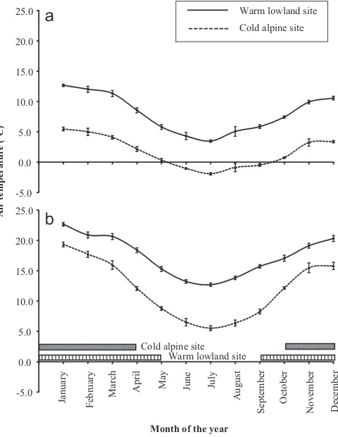 Fig. 1. Mean minimum (a) and maximum (b) monthly (± S.E.) air temperaturerecorded at the nearest weather station from each study site from 2008 to 2012.Cold alpine site;Warm lowland site;Activity period oflizards at warm lowland site;Activity period of lizards at cold alpine site.