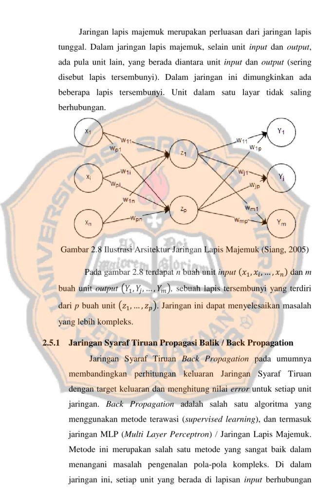 Gambar 2.8 Ilustrasi Arsitektur Jaringan Lapis Majemuk (Siang, 2005)  Pada gambar 2.8 terdapat n buah unit input (