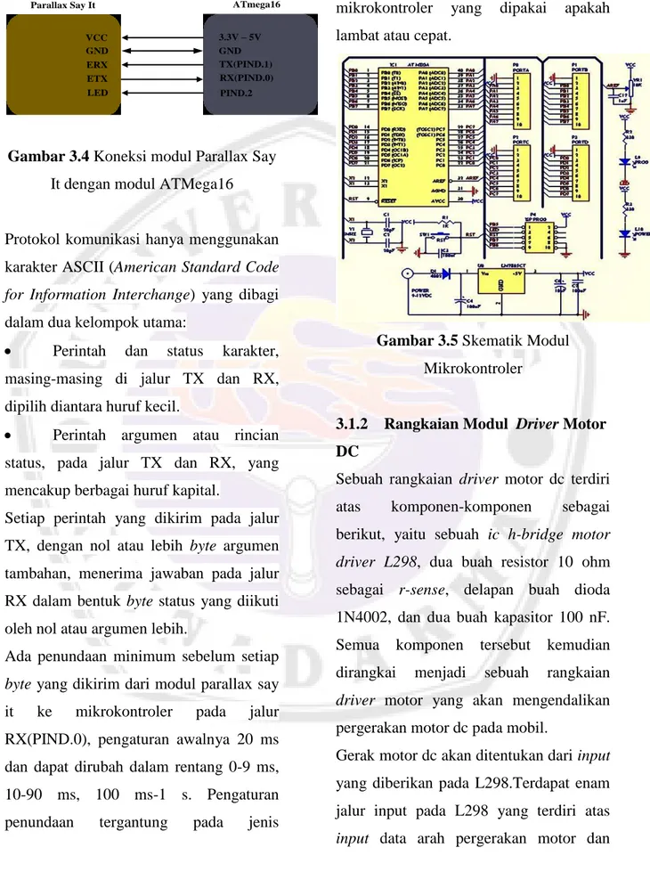 Gambar 3.4 Koneksi modul Parallax Say  It dengan modul ATMega16 
