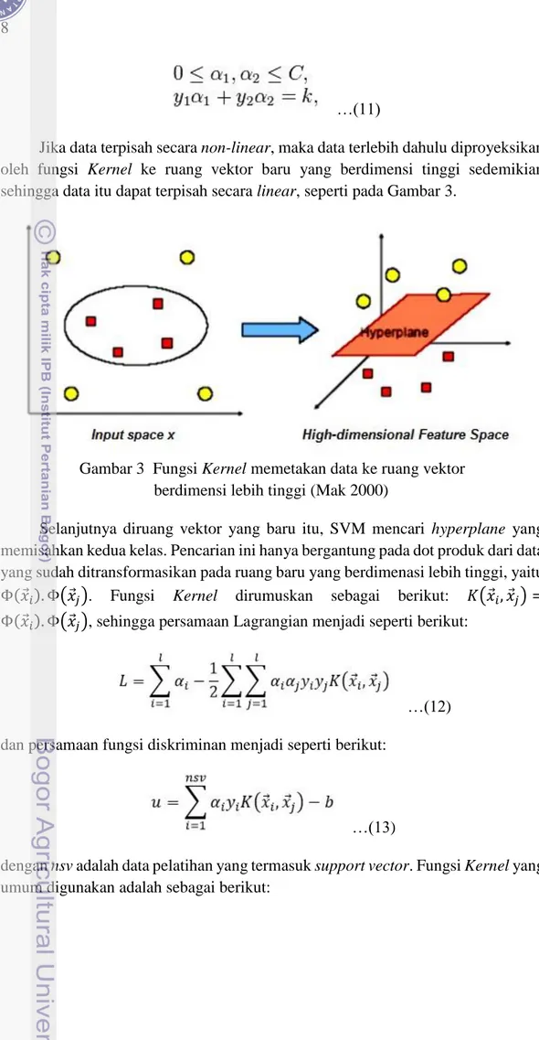 Gambar 3  Fungsi Kernel memetakan data ke ruang vektor  berdimensi lebih tinggi (Mak 2000) 