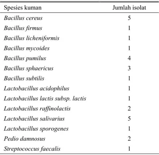 Tabel 2.  Spesies kuman probiotik mucosal starter culture  selective (MCS) 