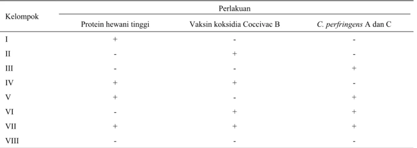 Tabel 1. Perlakuan masing-masing kelompok ayam dalam percobaan  Perlakuan  Kelompok 