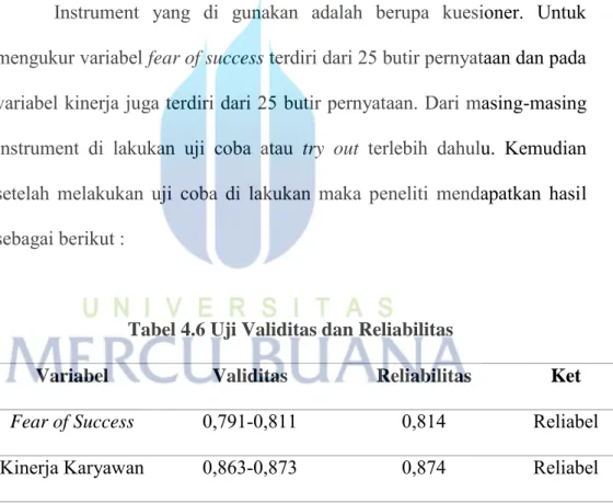 Tabel 4.6 Uji Validitas dan Reliabilitas 