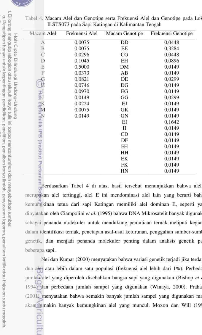 Tabel  4.  Macam  Alel  dan  Genotipe  serta  Frekuensi  Alel  dan  Genotipe  pada  Lokus  ILSTS073 pada Sapi Katingan di Kalimantan Tengah 