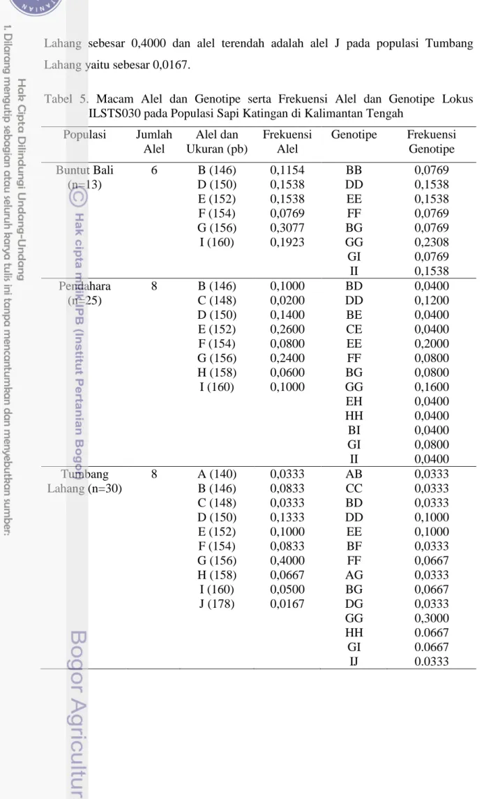 Tabel  5.  Macam  Alel  dan  Genotipe  serta  Frekuensi  Alel  dan  Genotipe  Lokus  ILSTS030 pada Populasi Sapi Katingan di Kalimantan Tengah 