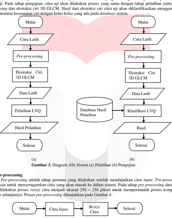 Gambar 3. Diagram Alir Sistem (a) Pelatihan (b) Pengujian  3.1 Pre-processing 