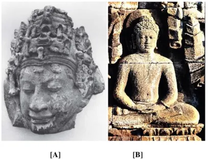 Gambar 4  Arca Kepala (A) Terakota, Khu Bua, Periode Dwarawati dan Arca  Budha Sakyamuni, Borobudur (B)