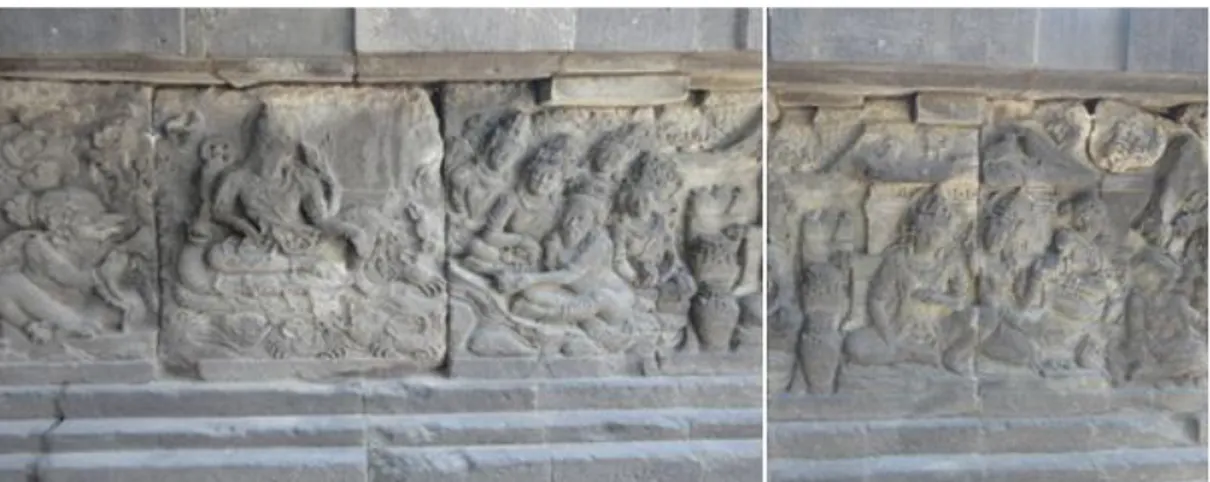 Gambar  7.  Adegan  upacara  ritual,  adegan  Dewa  Wisnu,  adegan  permohonan  para  dewa  kepada Dewa Wisnu, adegan  Istana Dasarata (Foto Pradoko, 2014)
