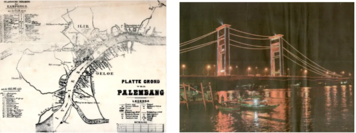Gambar 2. Peta Kota Palembang Tempo Dulu dan keberadaan Jembatan Ampera yang menjadi penyatu kawasan Seberang Ilir dan  Seberang Ulu 