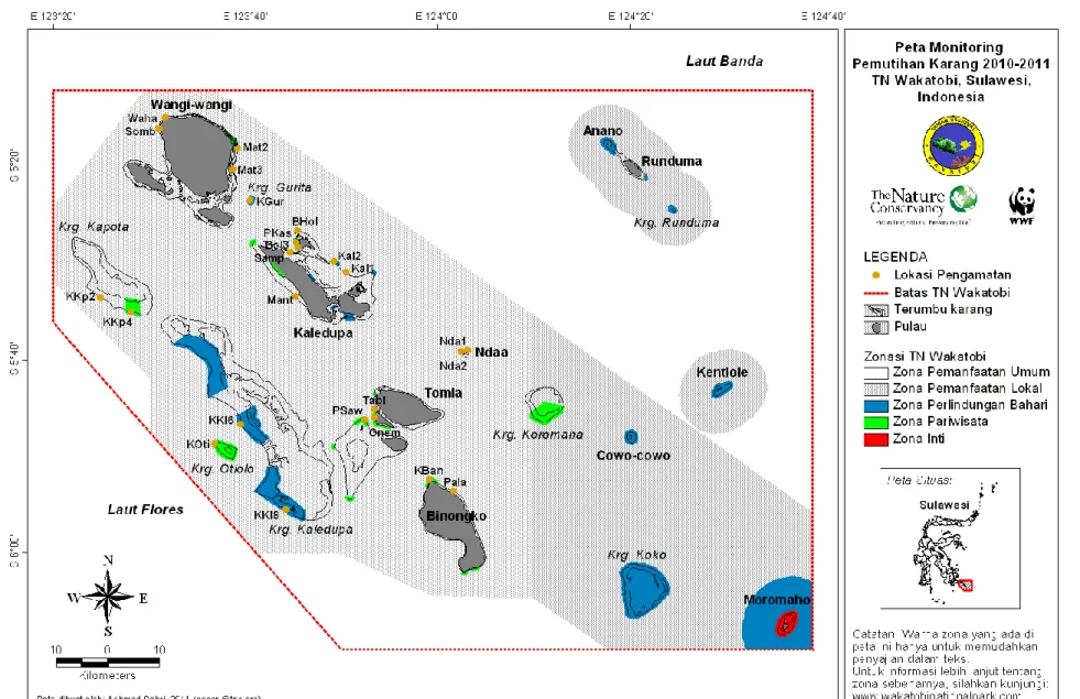 Gambar 1 .  Lokasi survei pemutihan karang dan pasca-pemutihan di kawasan Taman Nasional Wakatobi 2010-2011 