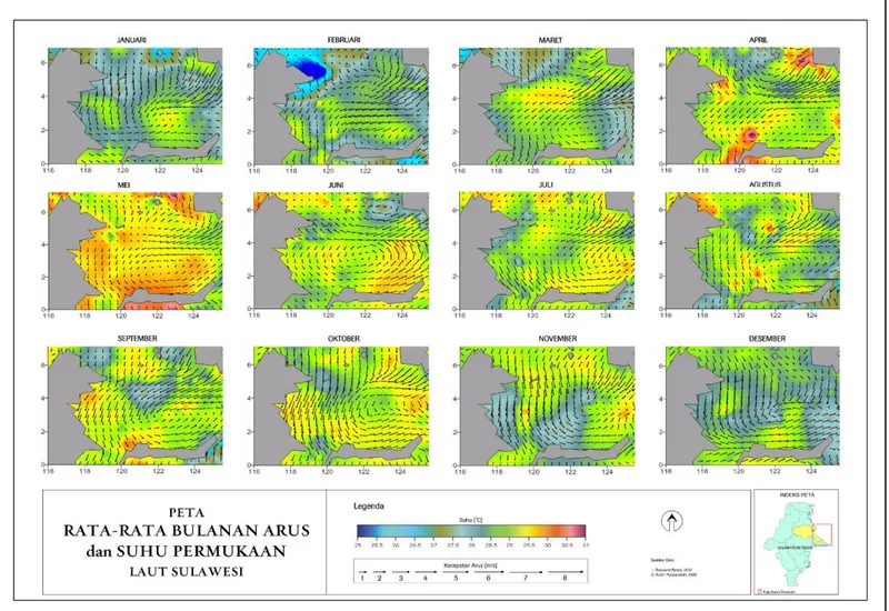 Gambar 10. Peta prediksi rata-rata bulanan arus dan suhu permukaan Laut Sulawesi (sumber: TNC) 