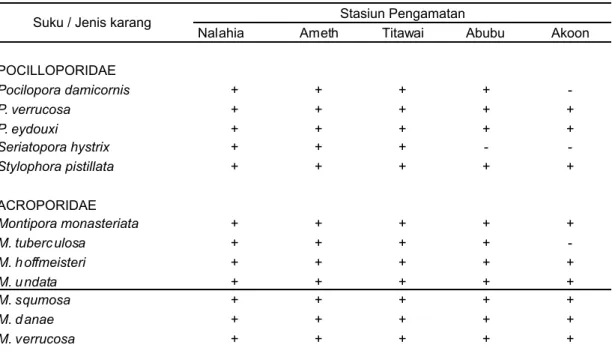 Tabel  1.  Komposisi j enis,  Marga dan  Suku karang  batu  lokasi  Penelitian  Pulau     Nusalaut,   Desember 2007