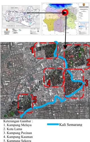 Gambar 1. Lokasi Permukiman Etnis Kali Semarang  (DTK Semarang, 2014 dan Google Earth, 2013 ) 