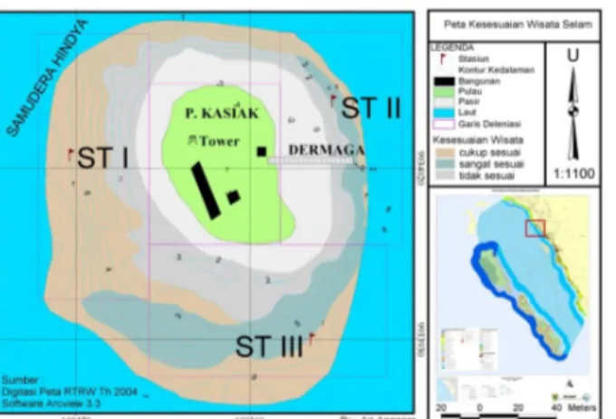 Gambar  1. Lokasi penelitian kondisi terumbu karang di Periaran Pulau Kasiak Pasca  Gempa bumi di Perairan Padang