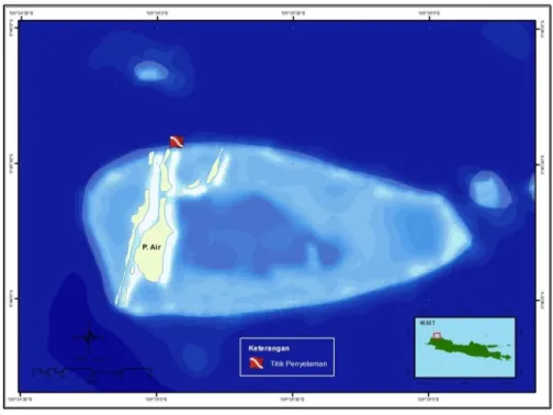 Gambar 9.  Area potensial pemijahan ikan terumbu Pulau Air  Lokasi pengamatan di area Pulau Air terdapat di bagian utara (AIR)  (Gambar 9), di sekitar pintu terusan buatan