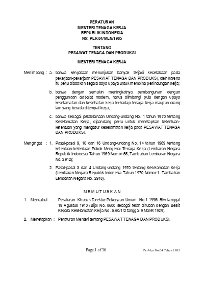 PERATURAN MENTERI TENAGA KERJA REPUBLIK INDONESIA No: PER.04/MEN/1985 ...