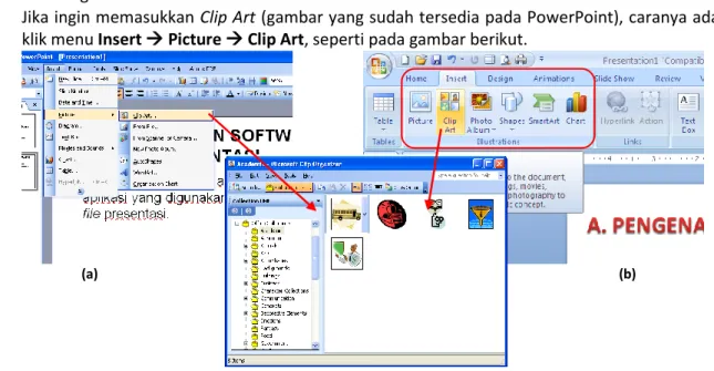 Gambar 1.23 Memasukkan Clip Art  pada (a) PowerPoint 2003 (b) PowerPoint 2007 