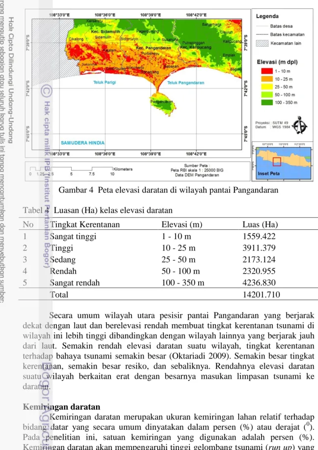 Gambar 4  Peta elevasi daratan di wilayah pantai Pangandaran  Tabel 4  Luasan (Ha) kelas elevasi daratan 