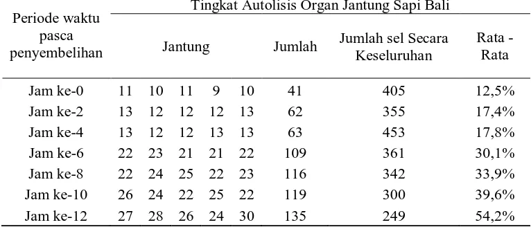 Tabel 1. Tingkat autolisis organ jantung sapi bali pada beberapa periode waktu pasca penyembelihan