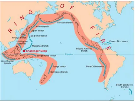 Gambar  di  atas  menunjukkan  wilayah  rawan  bencana  yang  disebabkan  oleh  pergeseran  lempeng  bumi  dan  aktivitas  gunung  berapi  yang  memanjang  di  Samudera  Pasifik