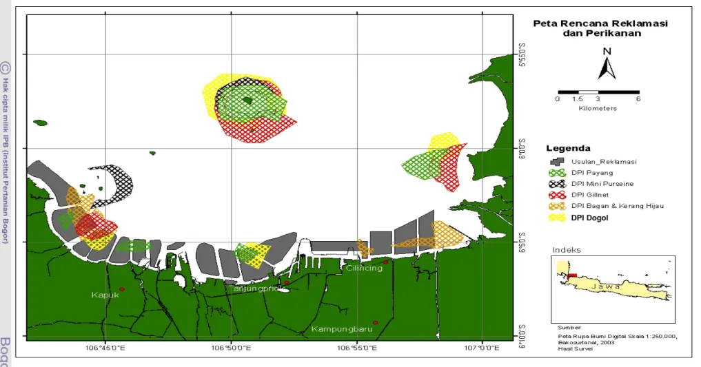Gambar 16   Peta overlay rencana reklamasi dan daerah penangkapan ikan di Teluk Jakarta 
