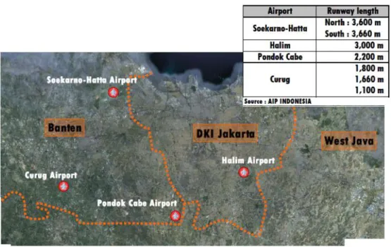 Gambar 3.  Posisi Bandar Udara Halim Perdanakusuma, Budiarto dan Pondok Cabe  terhadap Bandar Soekarno Hatta (Sumber: JICA,2012) 