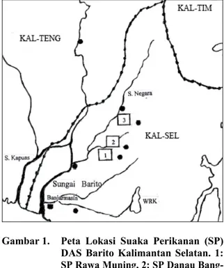 Gambar 1.  Peta Lokasi Suaka Perikanan (SP)  DAS Barito Kalimantan Selatan. 1: 