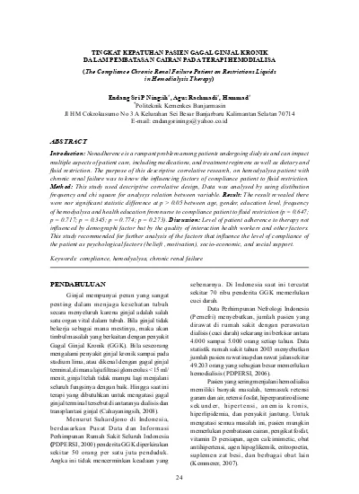 Tingkat Kepatuhan Pasien Gagal Ginjal Kronik Dalam Pembatasan Cairan Pada Terapi Hemodialisa 9518