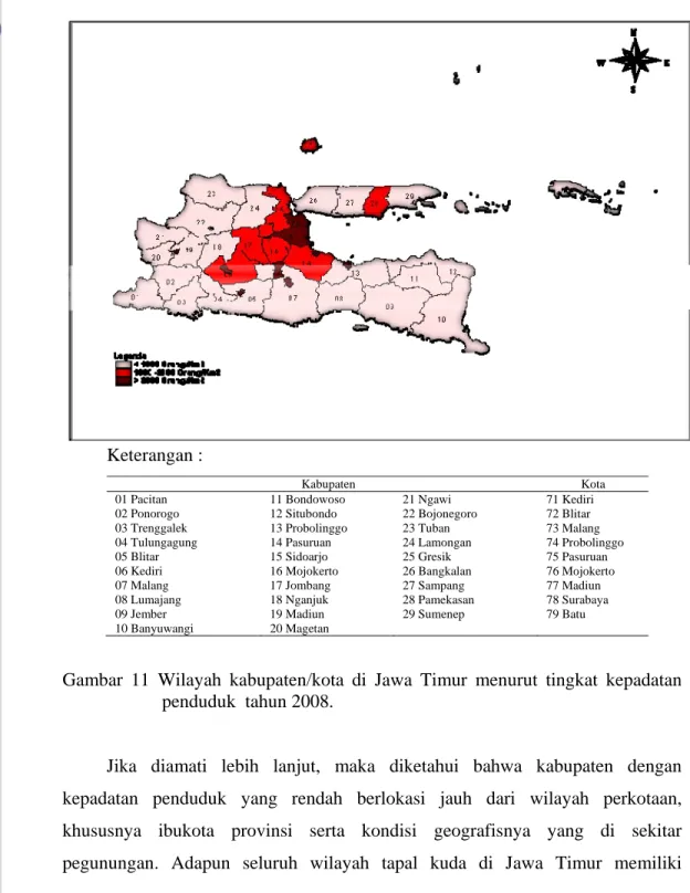 Gambar 11 Wilayah kabupaten/kota di Jawa Timur menurut tingkat kepadatan  penduduk  tahun 2008