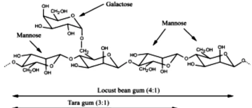 Gambar 4  Struktur guar gum. Rantai utama disubstitusi tiap 2 unit oleh galaktosa  pada C-6 dengan ikatan glikosida 1-6 (Duffaud et al