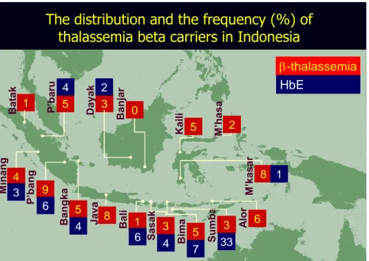 Gambar 2-5: Distribusi dan frekuensi (%)  carriers β-Thalassemia di Indonesia                                   (sumber: Thalassemia International Federation) 