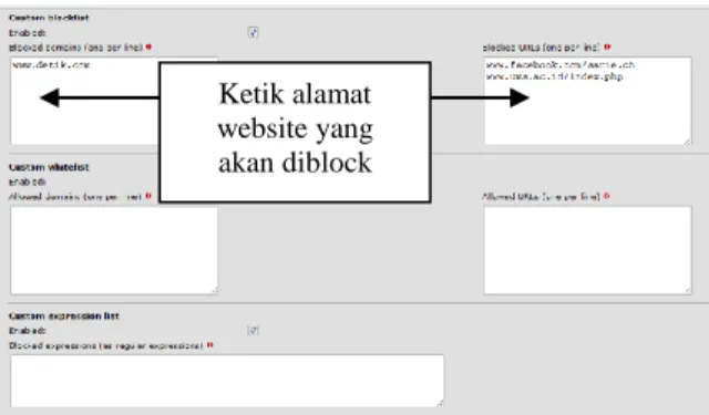 Gambar 9. Halaman URL filter menu custom blacklist  Keteranganpadagambar9 : 