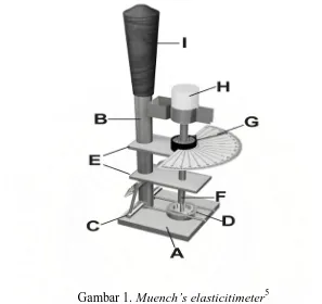 Gambar 1. Muench’s elasticitimeter5 A.Brass plate, B.Silinder yang mengendalikan C, C.Clynder:Dua lengan 