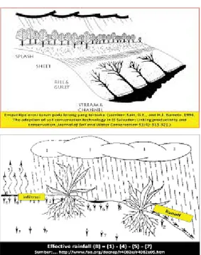 Gambar 6. Ilustrasi kondisi tanah pada kontur curam  yang dapat menimbulkan erosi bila tidak ada vegetasi  yang menutup tanahnya (sumber: Sumarno, 2013)